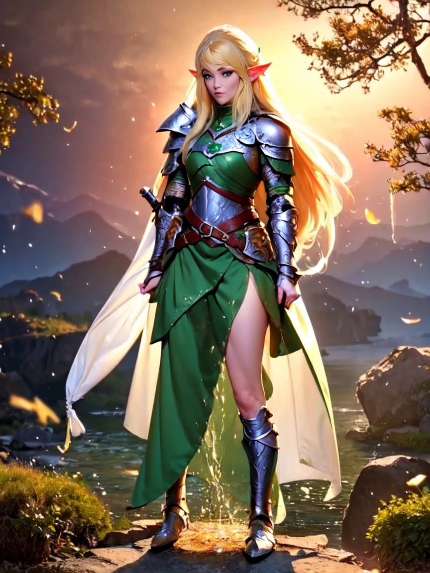 (masterpiece, Clean, 8K, high resolution), Throw, From the front, Full body portrait of beautiful woman, Extremely detailed face, slim body, Willow Waist, Bright Blonde Hair, Small Breasts,  Wearing intricate green and white armor, ((Elven Breastplate, Armor)) , Elven Torso Armor, (green mini skirt), belt, cape, Headdress,  , (), (Showing underwear:1.1)、(Lift up your skirt:1.2) , (White panties:1.5),  (Standing on the Rock: 1.2)、(Own:1.3 ), (Urine runs down the legs), Wet underwear, Wet pants, (Urine splashes between legs:1.5), (Urine pit:0.5 ), (Yellow liquid dripping on thighs and:1.3 ), (Start when the subject is squatting，A stream of liquid drips from) , (Super beautiful)、(Pretty Face:1.5), Sunset lighting, Deep Shadows, (Mountains and forests background) ,  Elf Ranger with no bladder control 