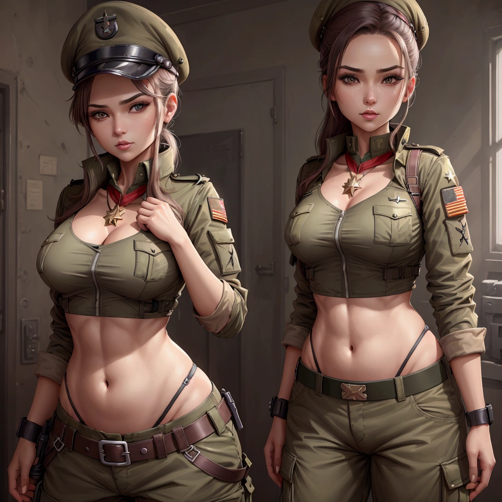 Women in crop top soldier uniform, soldier hat, medal on the chest, exposed abdomen area, very low waist cargo pants, navel piercing , high ranking , standing, little fat