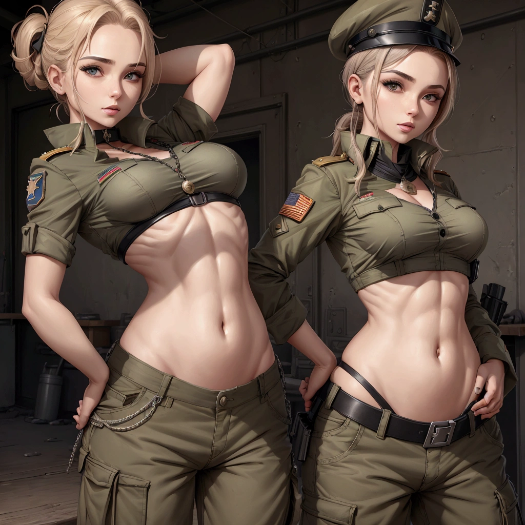 Women in crop top soldier uniform, soldier hat, medal on the chest,  exposed abdomen area, very low waist cargo pants, navel piercing , high ranking , standing, little fat 