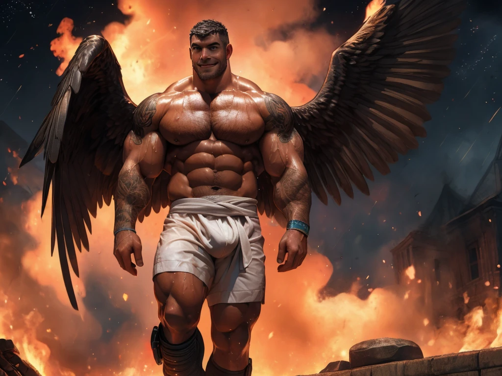 masterpiece, Best Quality, face, natural eyes, 1 man, European, Big feet, black socks, (without shoes), Whole body, big lump, long legs, looking at the viewer, 30 years, muscular and mature, short haircut, face covered with white fluids, perspiration, tight cloth, erect, smile, Alone, White skin, muscular, Muscle man, high, piece, big biceps, ABS, wide shoulder, open chest, facial hair, short black hair, wet body, wet hair, spectator looking, High resolution:1.2, Best Quality, Whole body, flat style, Dark Sky, a male angel with huge black wings, fire on the ground, DARK ANGEL, black wings, tattooed arms, remote camera, walking.