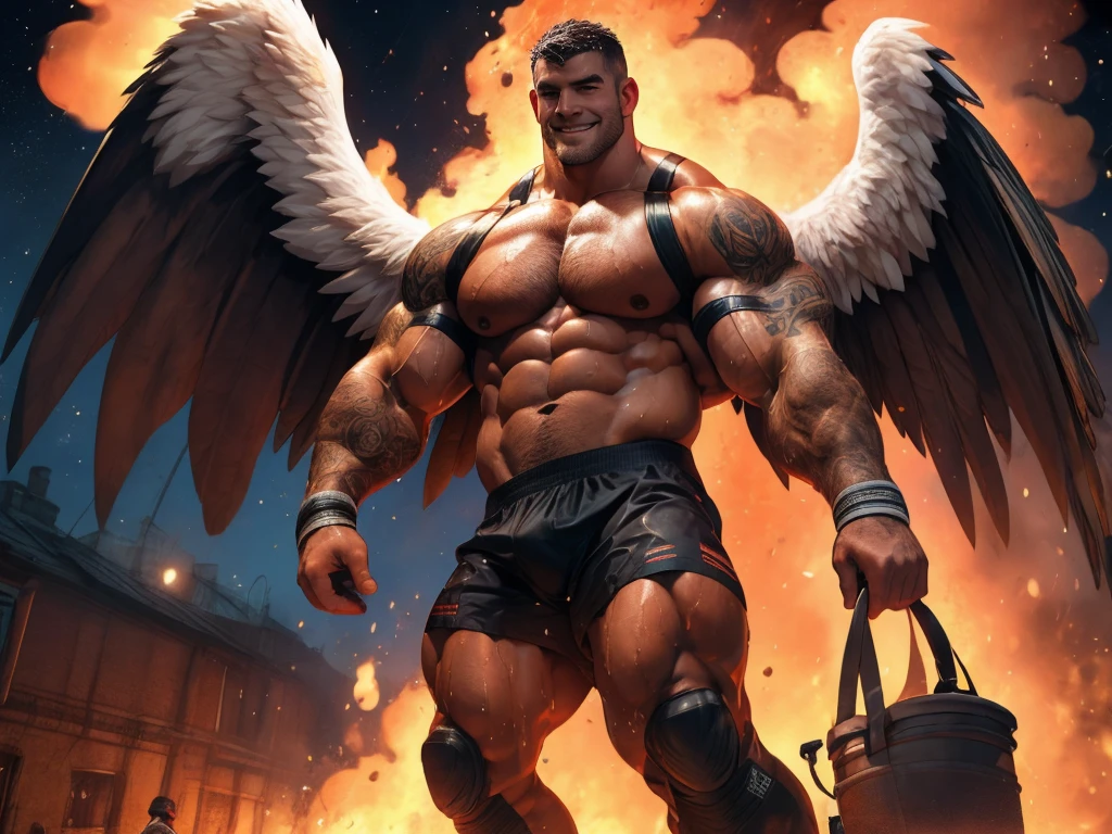 masterpiece, Best Quality, face, natural eyes, 1 man, European, Big feet, black socks, (without shoes), Whole body, big lump, long legs, looking at the viewer, 30 years, muscular and mature, short haircut, face covered with white fluids, perspiration, tight cloth, erect, smile, Alone, White skin, muscular, Muscle man, high, piece, big biceps, ABS, wide shoulder, open chest, facial hair, short black hair, wet body, wet hair, spectator looking, High resolution:1.2, Best Quality, Whole body, flat style, Dark Sky, a male angel with huge black wings, fire on the ground, DARK ANGEL, black wings, tattooed arms, remote camera, walking.