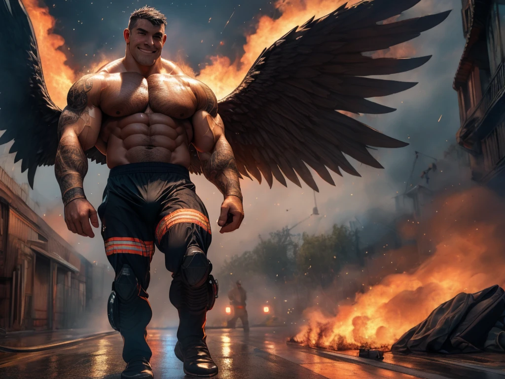 masterpiece, Best Quality, face, natural eyes, 1 man, European, Big feet, black socks, (without shoes), Whole body, big lump, long legs, looking at the viewer, 30 years, muscular and mature, short haircut, face covered with white fluids, perspiration, tight cloth, erect, smile, Alone, White skin, muscular, Muscle man, high, piece, big biceps, ABS, wide shoulder, open chest, facial hair, short black hair, wet body, wet hair, spectator looking, High resolution:1.2, Best Quality, Whole body, flat style, Dark Sky, a male angel with huge black wings, fire on the ground, DARK ANGEL, black wings, tattooed arms, remote camera, walking.