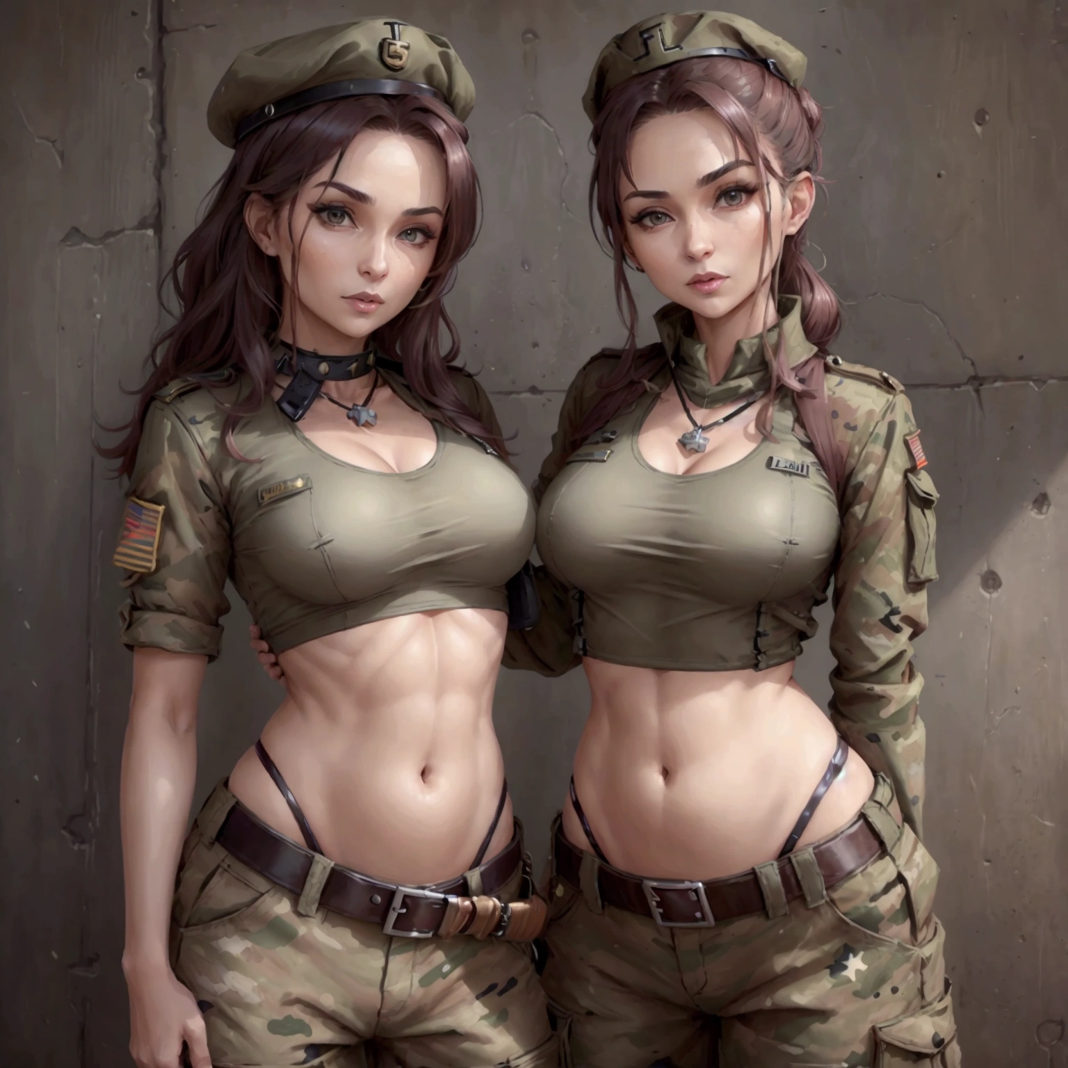 Women in crop top soldier uniform, soldier hat, medal on the chest,  exposed abdomen area, very low waist cargo pants, navel piercing , 45 years-old, high ranking , standing, little fat 