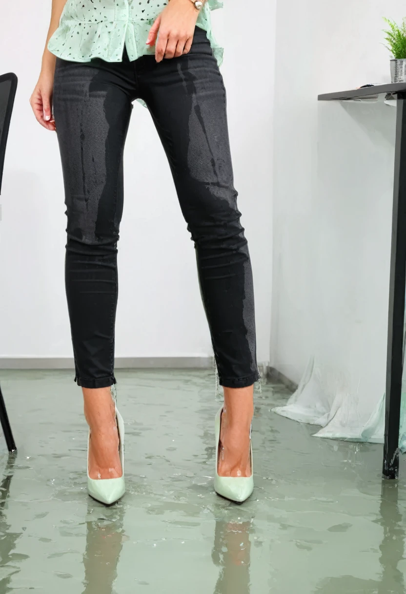 ((side view)), attractive redhead woman wearing black skinny jeans, short curly hair, white high heel pumps, mint green blouse, standing in an office, wetting, big smile, pee stains are gleaming wet, standing in puddle of pee, high heels filled with pee, ((side view))