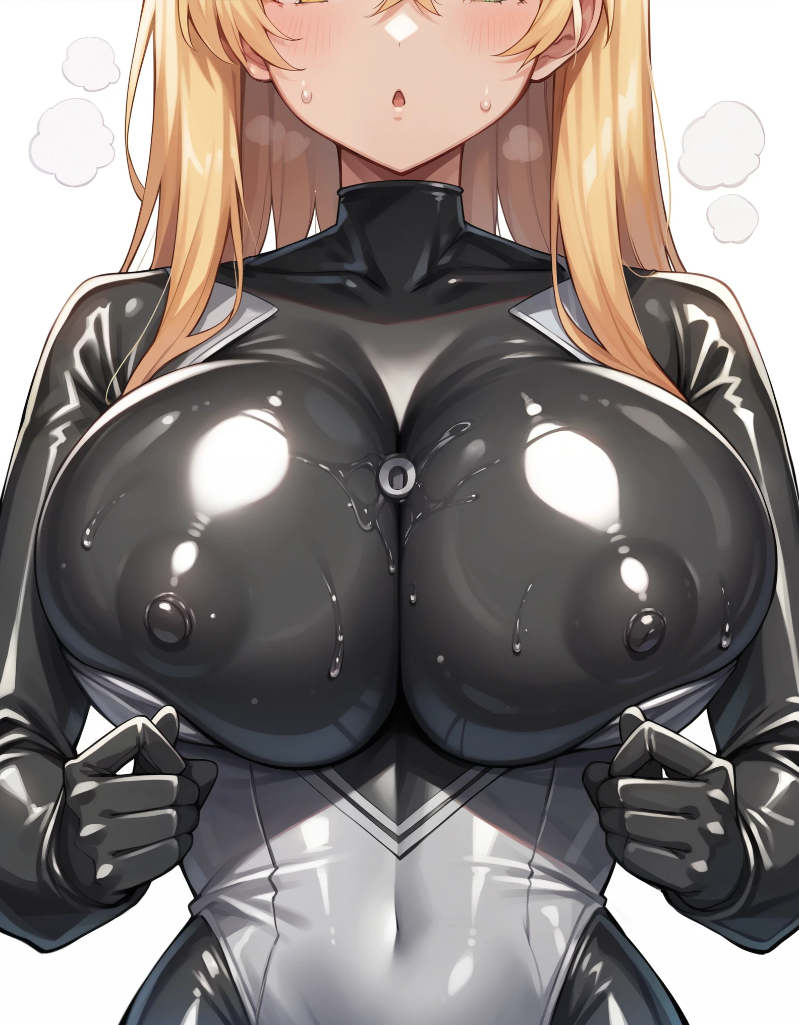 (masterpiece, Highest quality, Ultra-high resolution), (huge breasts), gigantic breasts, Glossiness, shiny, whole body slimy, Sweat, Stuffy, steamy, cute face, Anime face, Glossiness, (black latex bodysuit), cyber pattern on suit, The clothes fit perfectly, latex suit has a strong metallic sheen, latex skin, shiny skin, close up on breasts, 顔が見えない, ラテックスに包まれた胸