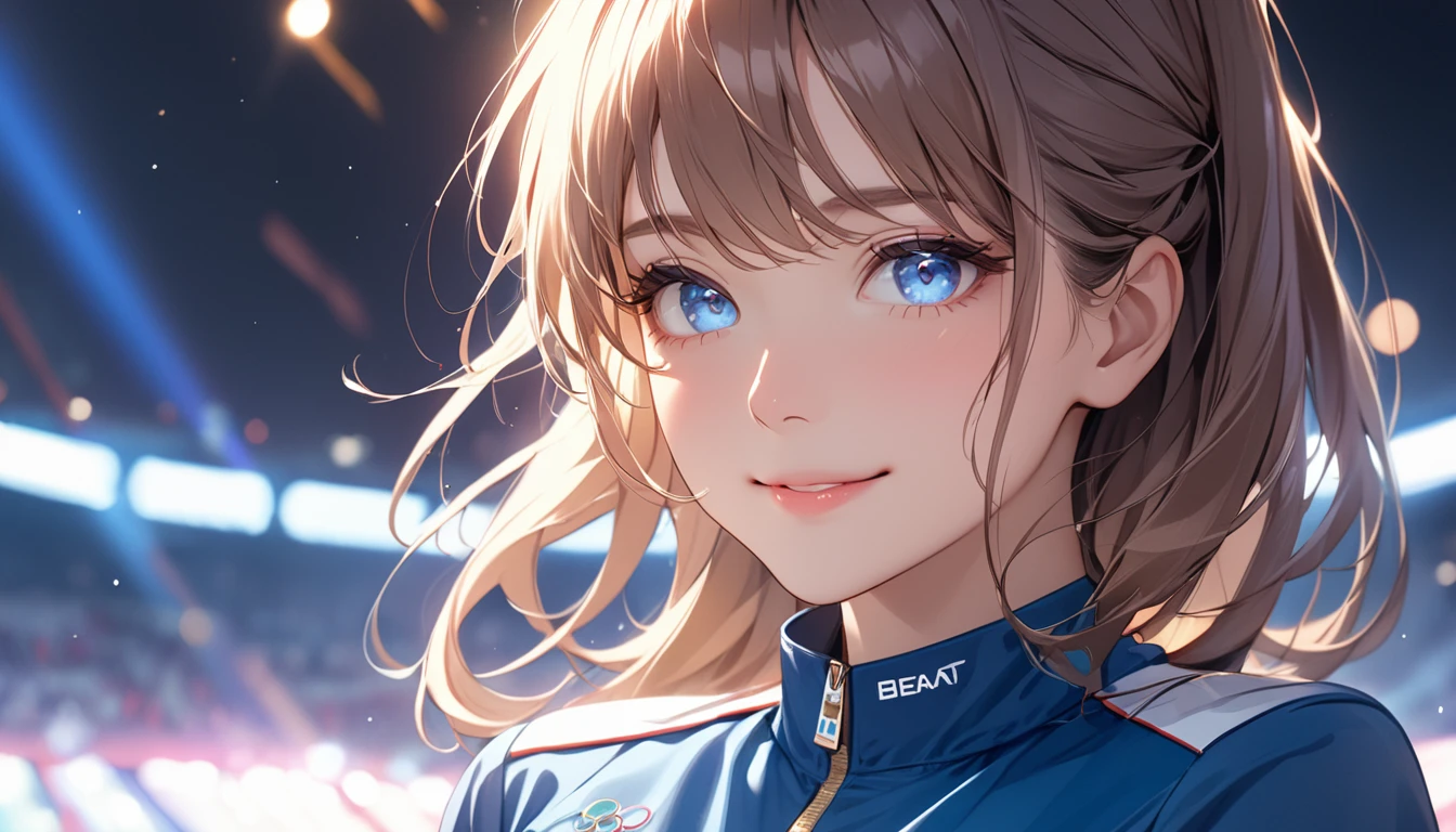 (masterpiece:1.5),(Beat quality),(high res),1girl solo,beautiful face,smile(shining eyes),upper body,light effects,Olympic Rings,Blue uniform woman