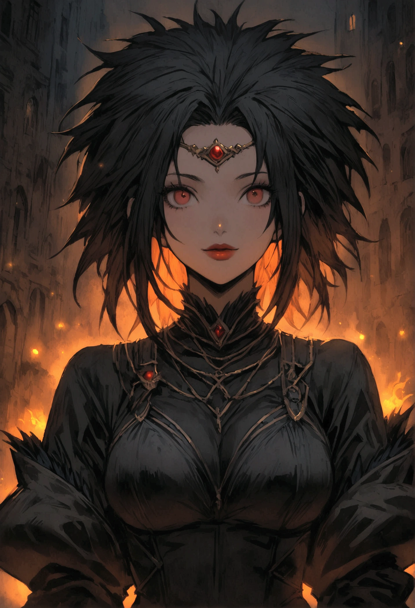 SINISTER BLACK FIRE CHAMAS NEGRA sombria ATMOSFERA ultra detailed visually rich 2d cartoon manga concept art illustration of a Sakura + aLITA adult woman, created with the CYBER BIO post apocalyptic overgrown wilderness style from Horizon: forbidden west, ((candid photography)) luminous and enchanting dark and eerie lit dark fantasy realm (rule of thirds) depth of field intricate details subtle colors fantastical realm extremely detailed ultra sharp focus, light particles