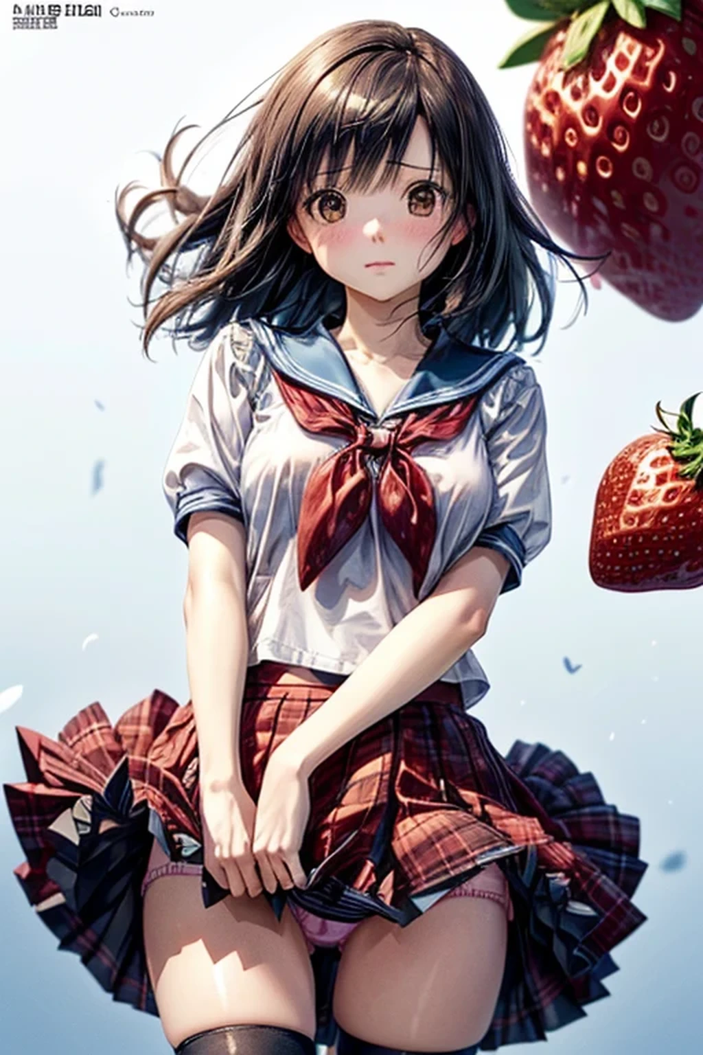 panty shot, ((A single strawberry, Only one strawberry)), ((Panties with a single strawberry printed)), Cover your chest with your arms, super cute, sailor suit, very Short black pleated skirt, Beautiful Face, ((Slightly embarrassed)), (blow upskirt), (skirt lifted by wind, Skirt flipped by the wind), Super detailed, ((masterpiece, best quality, high resolution)), Highly detailed CG, from below, ((Ichigo 100% character Toujou Aya)), (High quality, high quality texture, Beautiful detailed, fine detailed, extremely details CG), Detailed texture, 