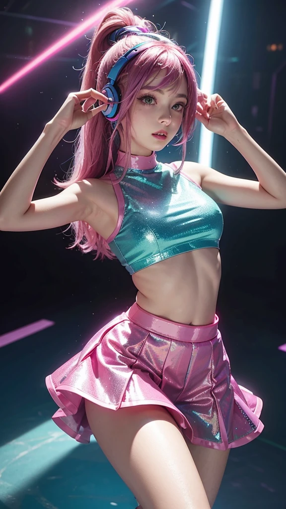 A woman with loose hair in neon blue tones, pink and green, wearing a purple sequin crop top and a blue vinyl skirt, dancing energetically with headphones in hand, in a totally pink setting, 8k. She is looking directly at the camera with a confident look.
