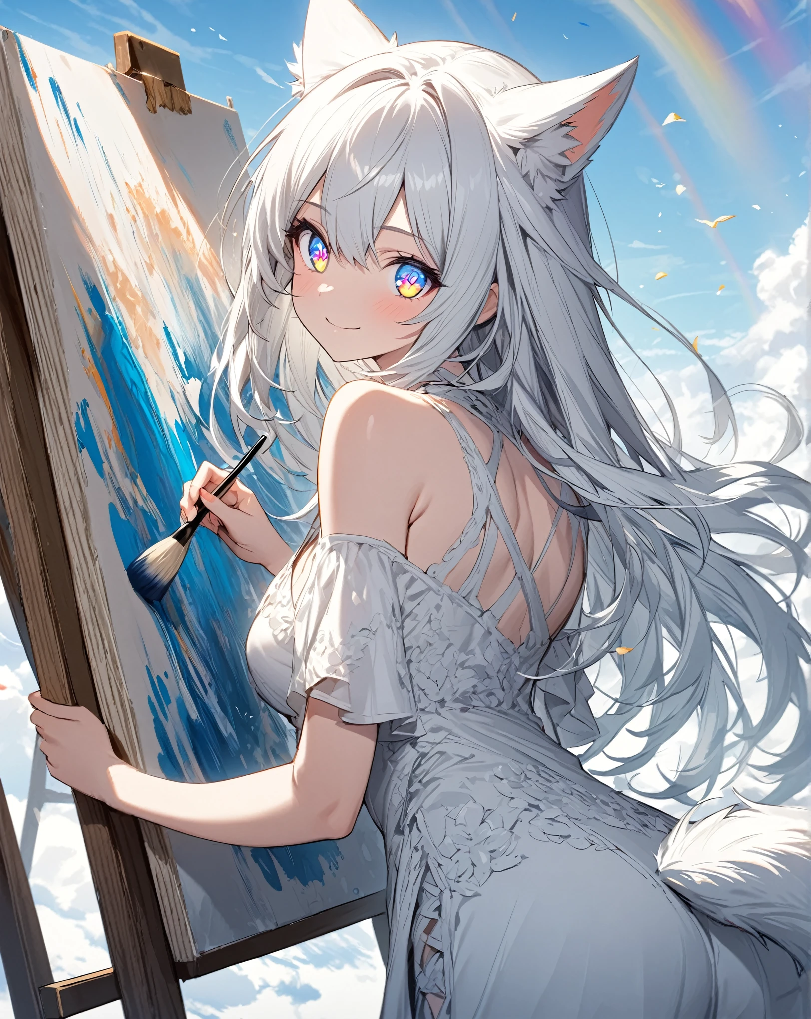 1girl that is painting a butterfly on the canvas. She's a very talented artist. Focus on her that is painting. 
1catgirl, cat ears, (white long hair) , ((detailed rainbow eyes)) , intricate cool white dress. Bare shoulders, white Shorts. Portrait. Medium breast. Super detailed. ((Perfect anime rainbow eyes)) . 
Natural pose.  She's smiling , she's Smart . White fox tail. She's Painting a butterfly on the canvas . Artist's sprout with partially painted canvas. He is painting outdoors, it is a beautiful sunny day with blue skies, a few white clouds, meteorites and trails in the sky. Uncomplete drawing on the canvass. Artist pose. She hold a Brush. She hold a color palette. She's looking back at the viewer smiling while paining.
Accent colors on the canvas and eyes.
