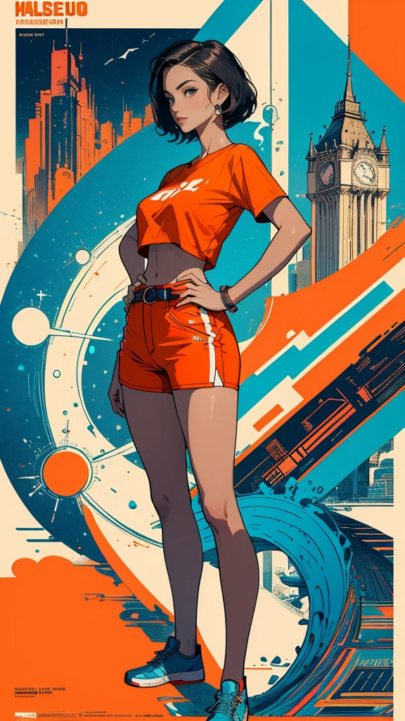 ((masterpiece, Highest quality)), (((whole body :1.5))), 32K Wallpapers, Very detailed, Poster, Vintage science fiction, 1960s,(((geometric cinematic movie Poster))), (Bauhaus), shape,Abstract, Midcentury Modern, movie Poster, Vintage, Perfect Lady,1970s,Halftone,Speech bubble,(((portfolio,close))), Tall and straight blonde mature girl, Sexy, Medium Neck, He is wearing a plain, tight orange short-sleeved U-neck T-shirt, She completely exposed her midsection, She is wearing blue leather shorts., she wears a large orange belt with a red heart-shaped buckle, She exposed her navel, beautiful abdomen, Beautiful thighs, Long and slender thighs, A pose that makes it appear as if you are facing forward with your hands on your hips, whole body