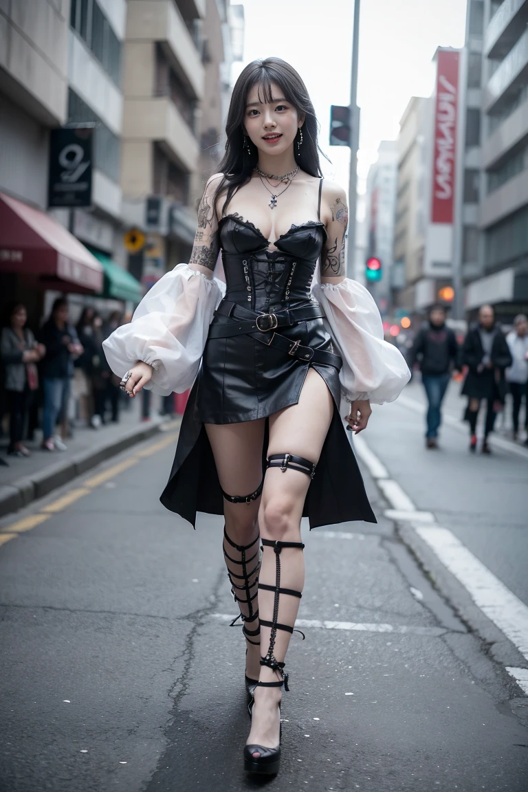 absurdres, RAW photo, extremely delicate and beautiful, masterpiece, Best Quality, ultra high resolution, 16k, hyperrealistic, realistic, photorealistic, photo-realistic, ultra-detailed, perfect anatomy, super Detailed skin, perfect figure, Very detailed CG 8k wallpaper, nude, pussy, shaved pussy, nipple, perfect nipple, perfect breast, round breast, perfect fingers, (full body :1.2), super white skin, standing, blushing, windy, sexy leg, smile, puffy hair, bangs, long leg, (nude girls), messy hair, flat bangs, sexy lips, cute hair, no bra, walking on the street, city street, from below, all hands down, open mouth, all nude, all hands down, gothic necklace, small round breast, perfect medium round breast, perfect pussy, vagina, nude, long leg, open long skirt, shy, holding rose, gothic skirt, belt, gothic punk shoes, (many people walking on background), hourglass body, cute tattoo, full body tattoo, colourful tattoo, sunny day, punk shoes, londe hair, open corset, gothic girl, gothic boots, all nude girls, all topless, breast out, all hands down, sunny day, flashing breast, open shirt, open mouth, smile, at outdoor cosplay event, blue and grey colour hair, many photographers, pose with fans, model in public, sun, sunny day, open corset, belt,