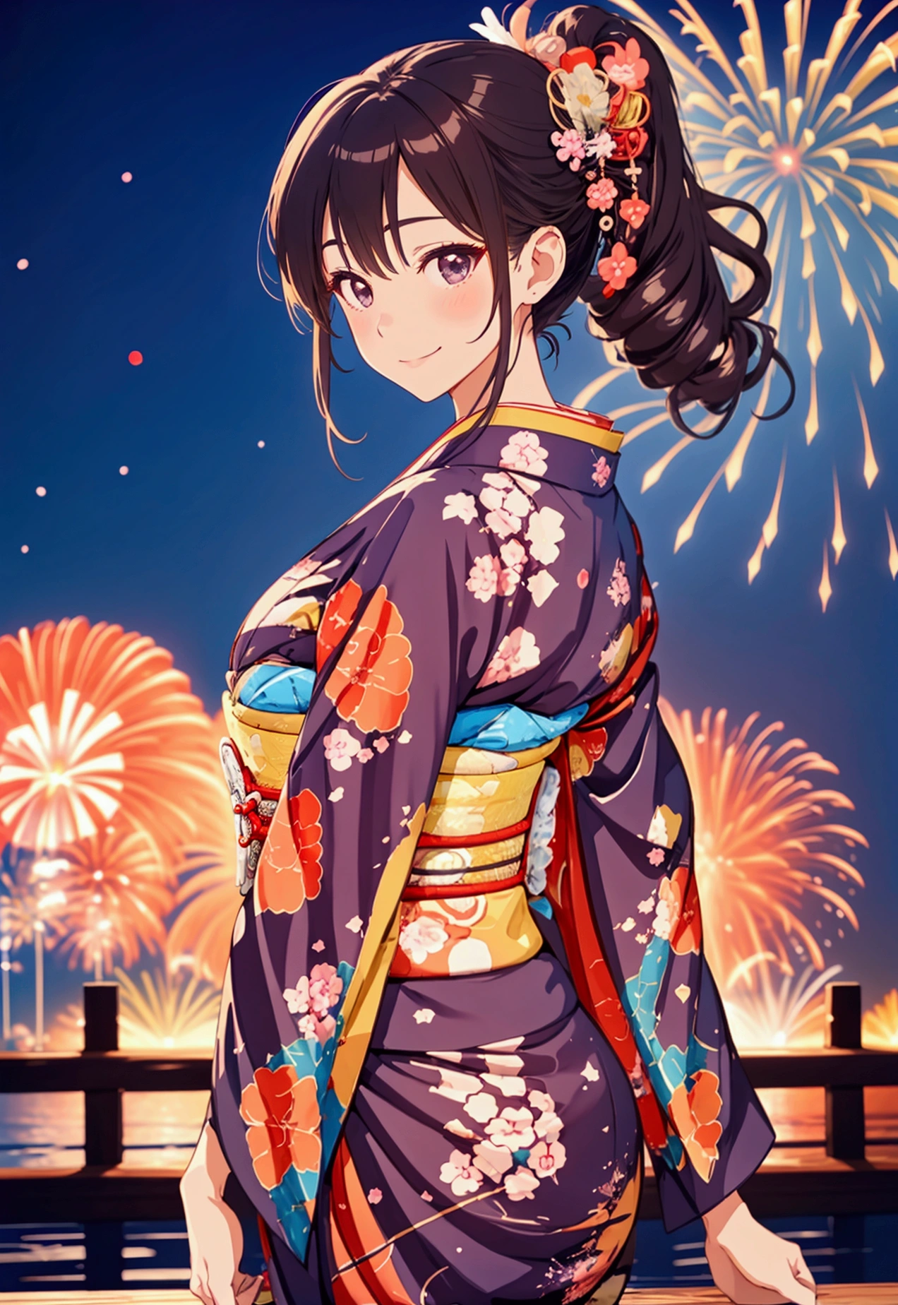 "(((a beautiful woman))), soio, masuter piece, Best quality, Elegant anime style, Japanese kimono , Spectacular fireworks, Star mine with lots of fireworks, Distant shots, posterior view, Night scene, Shy smile, Bokeh effect and depth of field, High-key lights"
