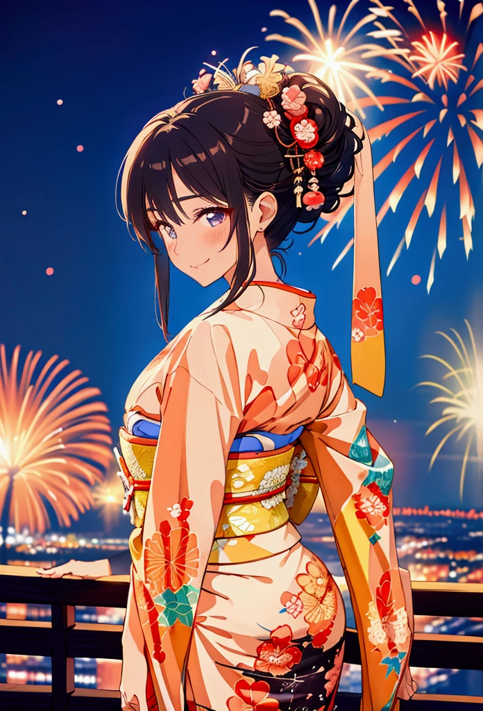 "(((a beautiful woman))), soio, masuter piece, Best quality, Elegant anime style, Japanese kimono , Spectacular fireworks, Star mine with lots of fireworks, Distant shots, posterior view, Night scene, Shy smile, Bokeh effect and depth of field, High-key lights"