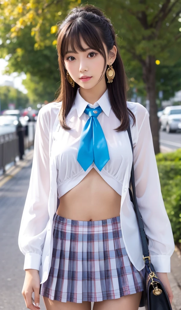 masterpiece, Highest quality, Maya Kumashiro, One girl, alone, chest, chestの谷間, Long Hair, White headband, Parted bangs, blue eyes, View your viewers, Sweat, large chest, Collared shirt, tie shirt, Pleated skirt, flashyな修正, Happy, flashy,Too many accessories, colorful , Kogal, Kogal gyaru, necklace, Earrings, bracelet, Good handbag, belly button, abdomen, (compensate)