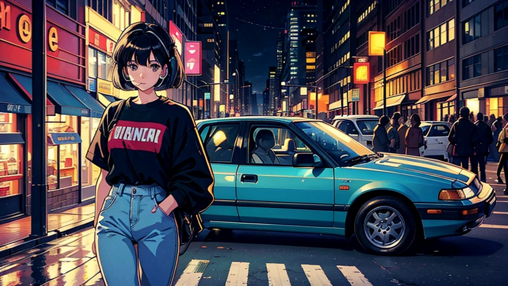 best quality, 8k, 1990s style, 2010s hairstyles, 21 year old girl, black hair, headset, bob hair, light brown eyes, city pop, big pants ,city night view, walking between buildings. the car runs. whole body.