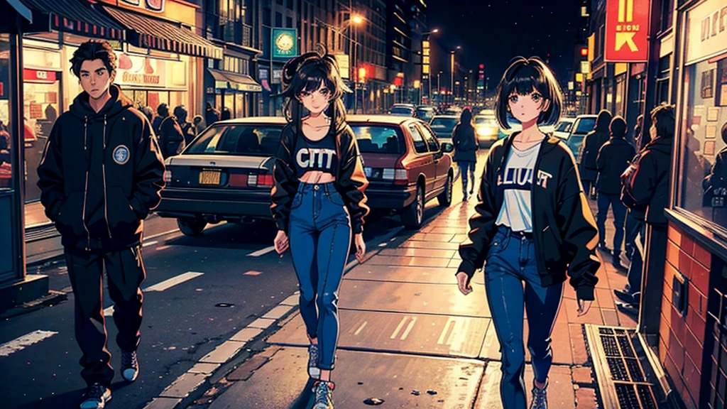 best quality, 8k, 1990s style, 2010s hairstyles, 21 year old girl, black hair, headset, bob hair, light brown eyes, city pop, big pants ,city night view, walking between buildings. the car runs. whole body.