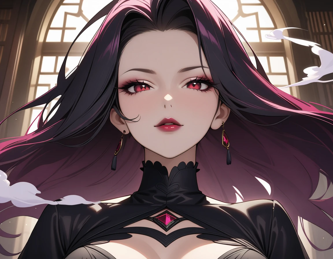 (A bewitching 35-year-old Japanese MILF, Mouth shot of an evil widow in a stunning black mourning outfit standing alone under the eaves of a funeral hall on a moonlit night, her chestnut French roll hair cascading down her back like a waterfall of darkness, close-up of her face as her dark red lips whisper a secret to the shadows. She looks out over her gloomy surroundings with an atmosphere of seductive serenity, exuding an aura of mysterious charm., White smoke from incense sticks is floating thinly like mist., Background effect showing swirling anxiety),(nsfw, masterpiece, incredibly absurd resolution, absolutely resolution, ultra high resolution, Mature Female, evil MILF, professional, vivid colors, perfect anatomy, ideal facial features, perfectly beautiful face, super detailed face, evil seductive smile), A slyly drawn face, incredibly beautiful and incredibly detailed, Focus on the character's face, Close up of face, Forehead, Thin, arched eyebrows, double eyelids, half lidded eyes, beautiful amber eyes, a neat nose, beautiful nostrils, a sensual full mouth, dark lipstick, glossy lips, (Straight-on, from below, Core shadow, perspective, look up, looking down at us), Image through the camera viewfinder, Aesthetic, 16k, Sukebe smile and open her mouth, Death Siren, Captivating voice, hypnotic whisper, evil seductive ASMR, evil MILF, Femme Fatale, Perspective view