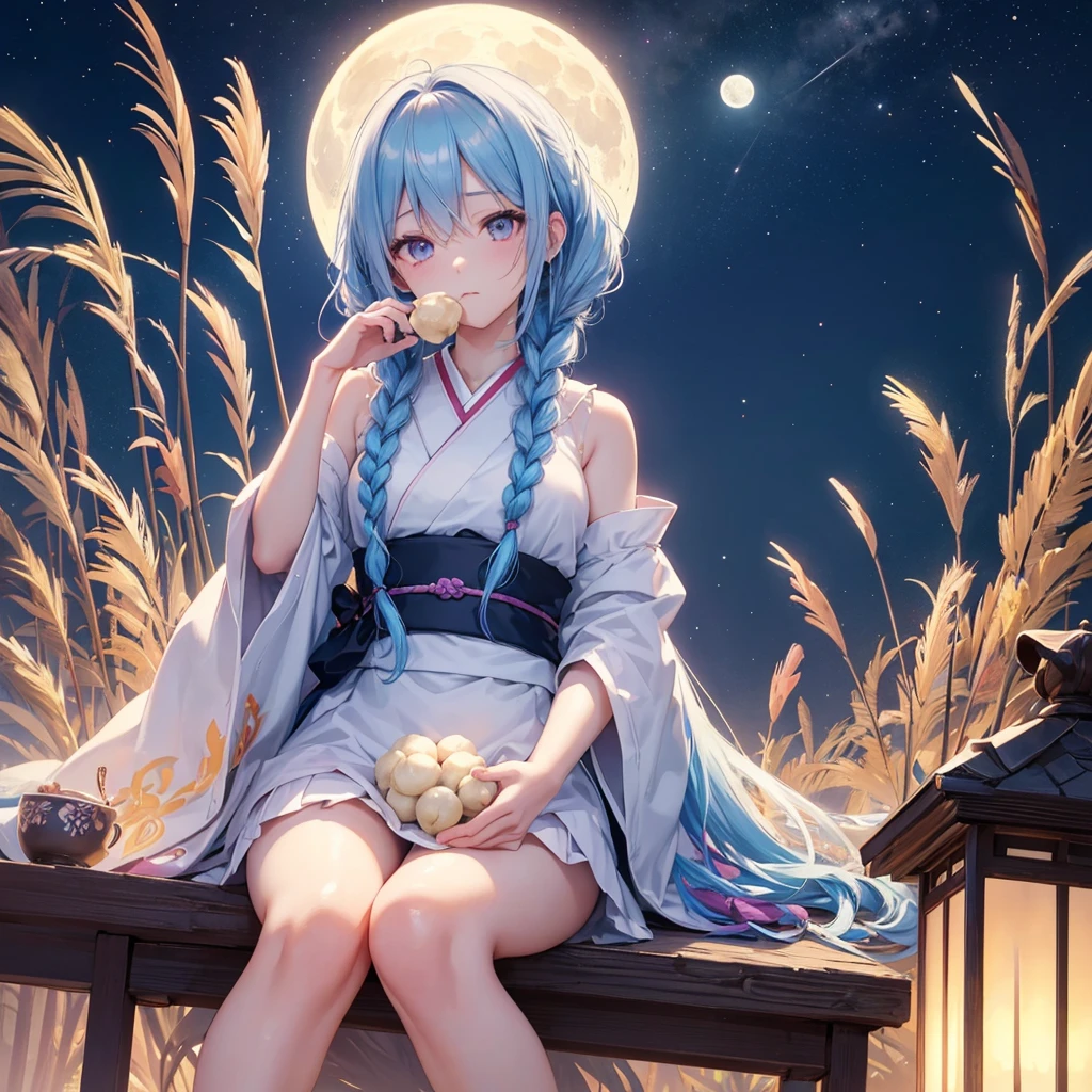Sky blue hair, (Braided medium hair:1.2), Pink eyes,Fair skin ,(whole body),(One Girl),(White sweet dumplings ),White round dumplings,Japanese pampas grass,(beautiful, Full moon shining in the night sky),(masterpiece, Highest quality, Very detailed, Best Shadow), (Detailed Background), (Beautifully detailed face), High Contrast, (Best lighting, Very delicate and beautiful), ((Cinematic Light)), colorful, Hyper Detail,8k, Dramatic Light, Intricate details,Sit and eat dumplings while watching the moon,mysterious