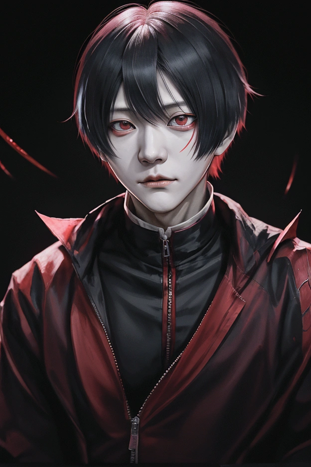 Tokyo Ghoul's Kaneki Kata、His eyes are red and he is releasing his kagune.、The night sky is red、Tokyo city、Face of despair、Feeling like you've lost everything、dark