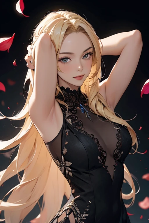 (masterpiece, best quality, ultra-detailed:1.3), 1girl, arms behind head, (smile:0.5) edgPetal, a woman wearing a black dress made of flower petals, wearing edgPetal, garden background, dimly lit BREAK (long blonde hair), mid parted hair