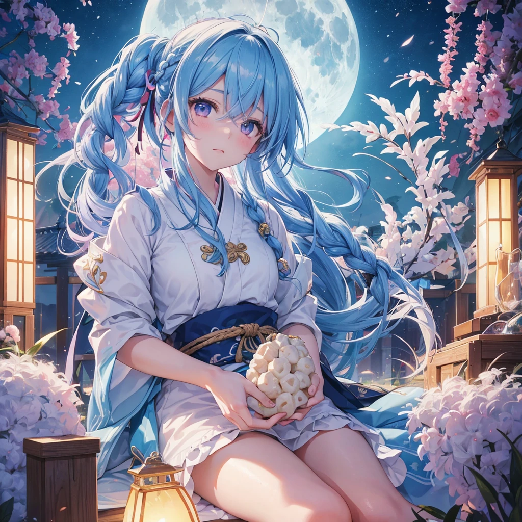 Sky blue hair, (Braided medium hair:1.2), Pink eyes,Fair skin ,(whole body),(One Girl),(White sweet dumplings ),White round dumplings,Japanese pampas grass,(beautiful, Full moon shining in the night sky),(masterpiece, Highest quality, Very detailed, Best Shadow), (Detailed Background), (Beautifully detailed face), High Contrast, (Best lighting, Very delicate and beautiful), ((Cinematic Light)), colorful, Hyper Detail,8k, Dramatic Light, Intricate details,Sit and eat dumplings while watching the moon,