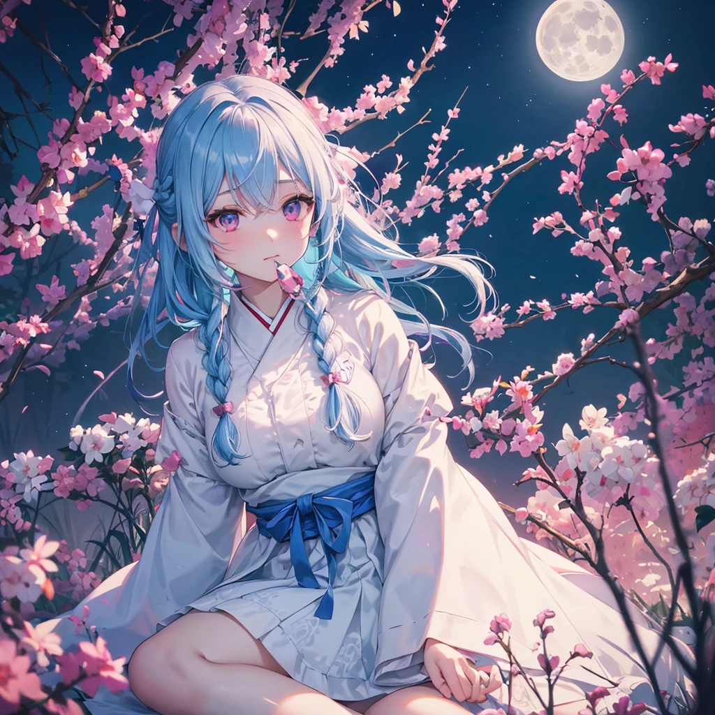 Sky blue hair, (Braided medium hair:1.2), Pink eyes,Fair skin ,(whole body),(One Girl),(White sweet dumplings ),White round dumplings,Japanese pampas grass,(beautiful, Full moon shining in the night sky),(masterpiece, Highest quality, Very detailed, Best Shadow), (Detailed Background), (Beautifully detailed face), High Contrast, (Best lighting, Very delicate and beautiful), ((Cinematic Light)), colorful, Hyper Detail,8k, Dramatic Light, Intricate details,Sit and eat dumplings while watching the moon,
