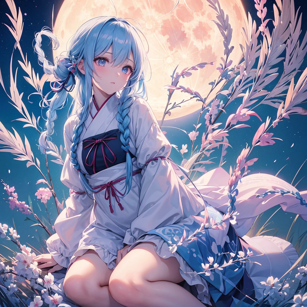 Sky blue hair, (Braided medium hair:1.2), Pink eyes,Fair skin ,(whole body),(One Girl),(White sweet dumplings ),White round dumplings,Japanese pampas grass,(beautiful, Full moon shining in the night sky),(masterpiece, Highest quality, Very detailed, Best Shadow), (Detailed Background), (Beautifully detailed face), High Contrast, (Best lighting, Very delicate and beautiful), ((Cinematic Light)), colorful, Hyper Detail,8k, Dramatic Light, Intricate details,Sit and eat dumplings while watching the moon,