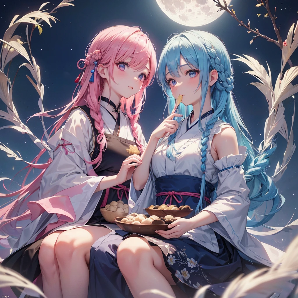 Sky blue hair, (Braided medium hair:1.2), Pink eyes,Fair skin ,(whole body),(One Girl),(White sweet dumplings ),White round dumplings,Japanese pampas grass,(beautiful, Full moon shining in the night sky),(masterpiece, Highest quality, Very detailed, Best Shadow), (Detailed Background), (Beautifully detailed face), High Contrast, (Best lighting, Very delicate and beautiful), ((Cinematic Light)), colorful, Hyper Detail,8k, Dramatic Light, Intricate details,Sit and eat dumplings while watching the moon,