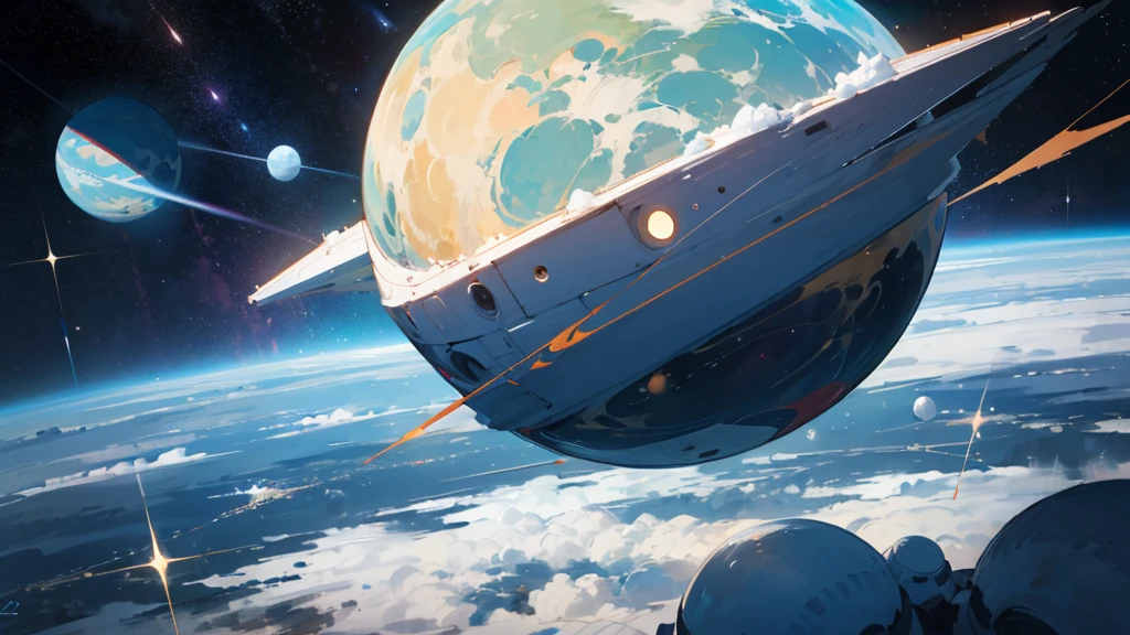 asian girl in the space on alien planet between polar star and big dipper