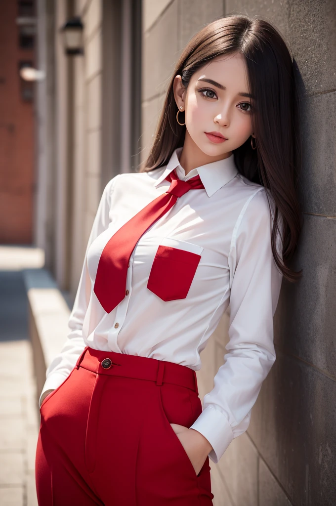 A girl in red pantaloons, white blouse and red tie