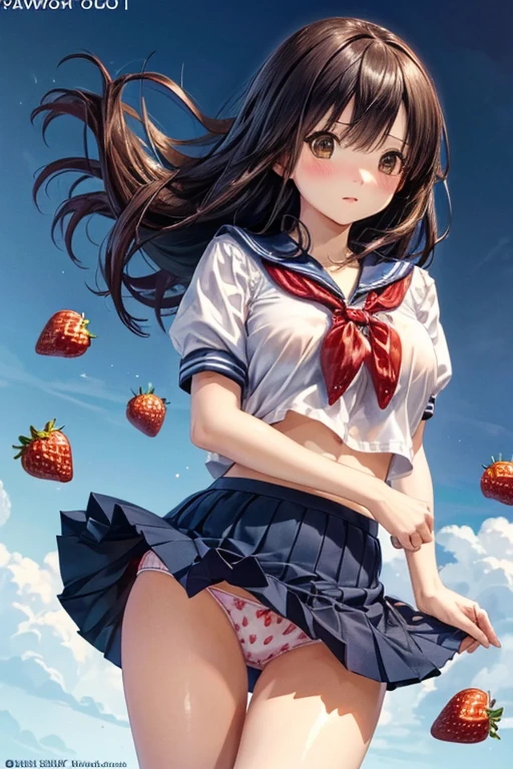 panty shot, ((A single strawberry, Only one strawberry)), ((Panties with a single strawberry printed)), Cover your chest with your arms, super cute girl, sailor suit, very Short black pleated skirt, Beautiful Face, ((Slightly embarrassed)), (blow upskirt), (skirt lifted by wind, Skirt flipped by the wind), Super detailed, ((masterpiece:1.37, best quality, high resolution)), from below, ((Ichigo 100% character Toujou Aya)), (High quality, high quality texture, Beautiful detailed, fine detailed, extremely details CG), Detailed texture, 8k wallpaper, high definition RAW photograph, natural soft lighting, pointed breast,