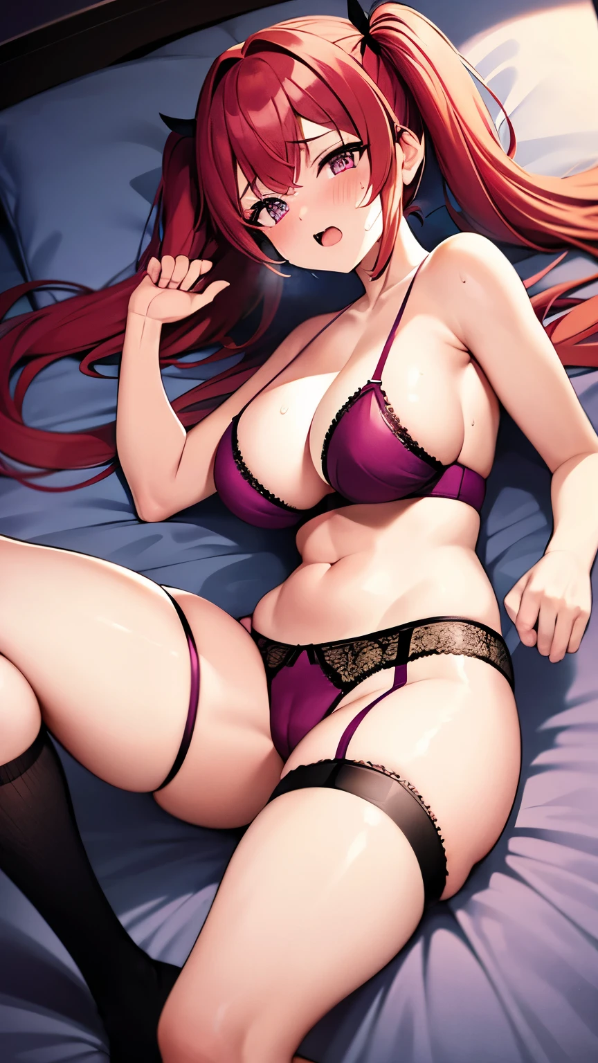 Sweaty beauty lying in bed,Red hair,Twin tail hair,blush,Drunk face,Screaming,Big Breasts,Moderately fleshy legs,Purple bra and panties,garter belt,Knee-high socks