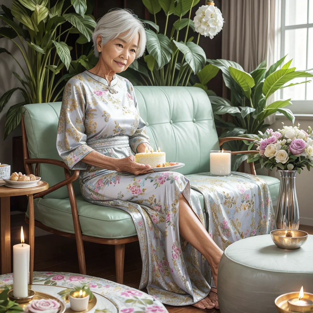The image of a 73-year-old Thai woman old age, healthy, cute, polite, kind, grandmother with wavy high cut short hair, silver shiny white, wearing a casual dress with bright small floral patterns, holding a beautifully decorated birthday cake. Candle number '73', BG: Cozy living room, lush green plants, colorful flowers.