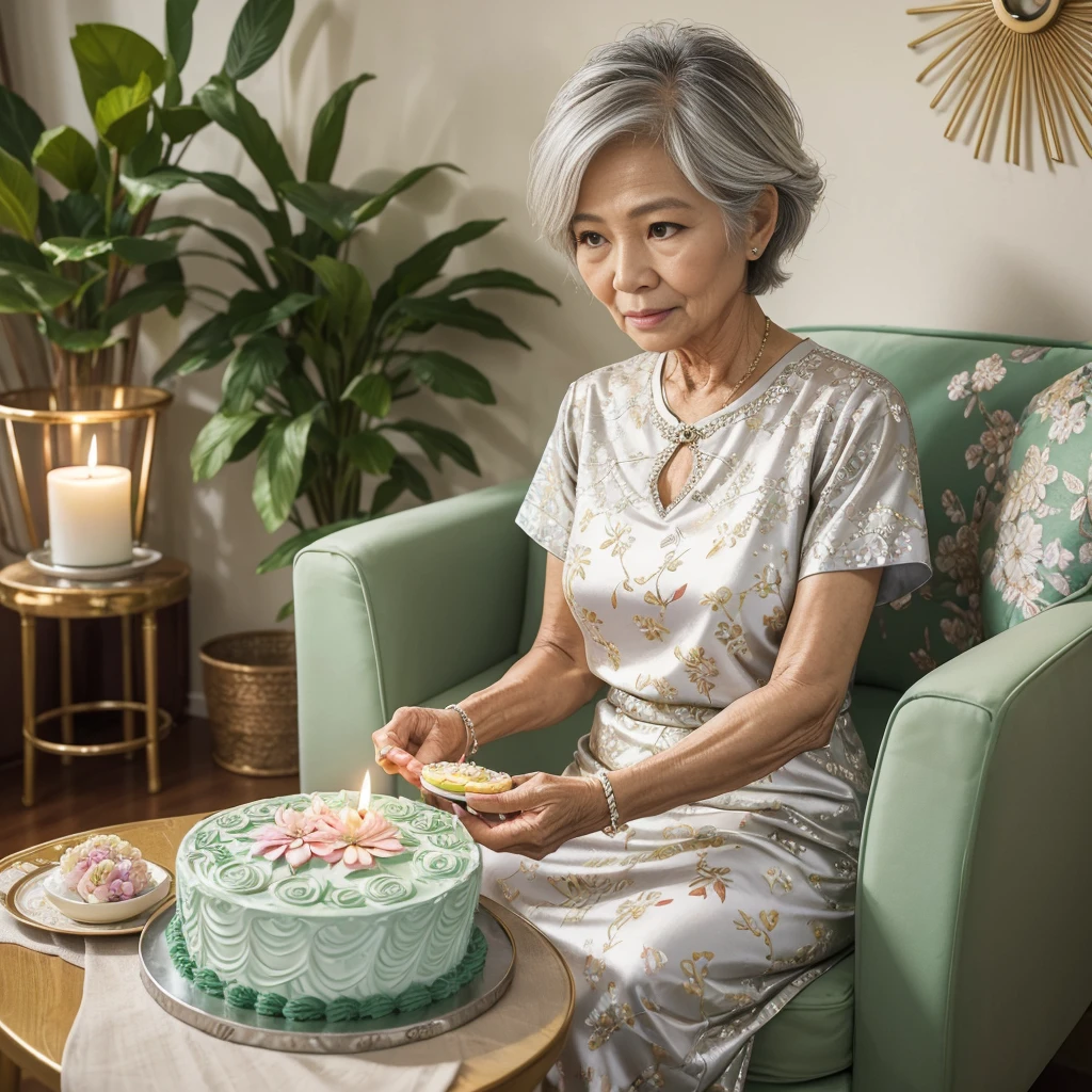 The image of a 73-year-old Thai woman old age, healthy, cute, polite, kind, grandmother with wavy high cut short hair, silver shiny white, wearing a casual dress with bright small floral patterns, holding a beautifully decorated birthday cake. Candle number '73', BG: Cozy living room, lush green plants, colorful flowers.