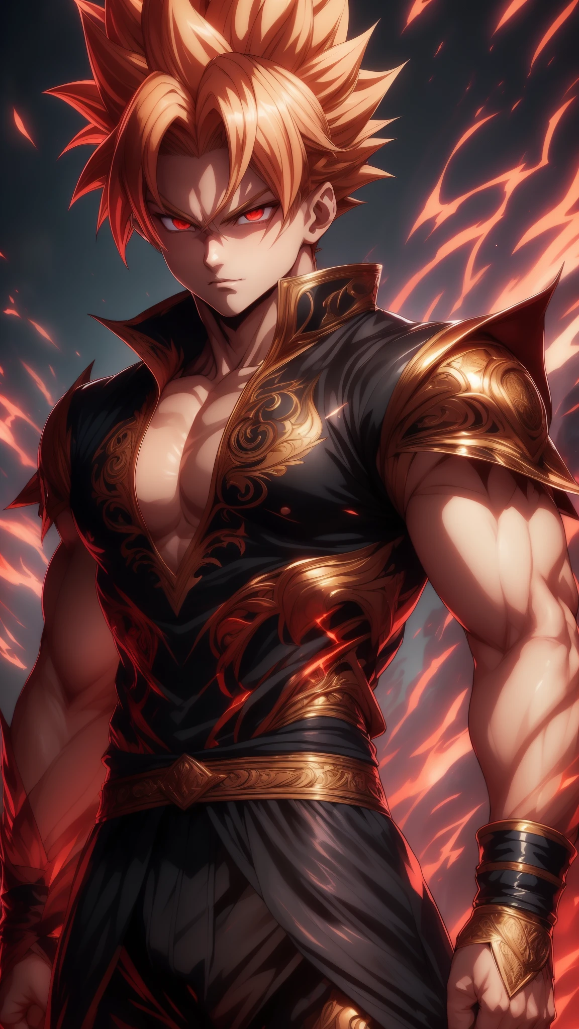 A young boy with striking red eyes and a confident demeanor stands tall against a neutral background. His short, red and blond hair is styled in a way that showcases his handsome features. With a decisive and majestic gesture, he commands attention and exudes a golden aura that sets him apart from the rest.