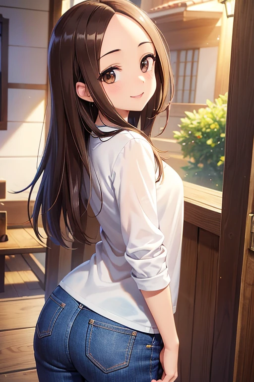 Takagi-san、Shiny brown hair, Straight Long Hair,((Medium chest、Forehead、Center part))、 美しいBrown eyes、smile、Sparkling eyes, (fine grain)、Very fine eye、Highly detailed face, Highly detailed eyes, Cowboy Shot、


(masterpiece:1.2, Highest quality, 超High resolution, Super detailed),, masterpiece、High resolution、16K、

((masterpiece,Intricate details)),One Girl,Mature Woman,Brown eyes,smile,,
Blake Classic Denim Pants Midi 、city内、city
((Upper Body)),from ,:1.25,Written boundary depth,Retrospective viewers,Beautiful ass