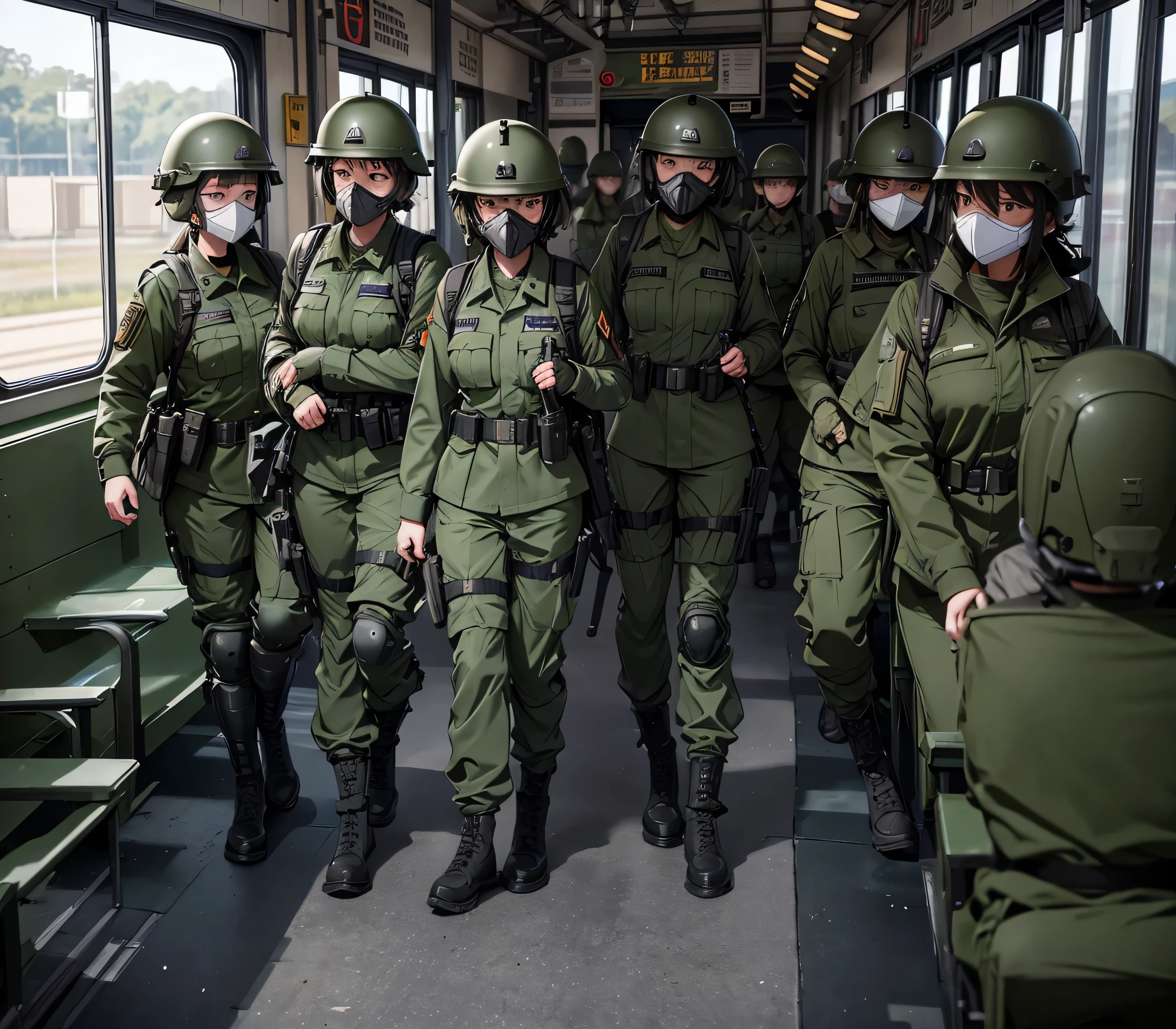 A group of female soldiers on a military train、All wearing dark green M-51 military uniforms、Wear a steel helmet、Wear goggles、wearing gas masks、Military Pants、Knee pads、Write details、masterpiece、best quality、Highly detailed CG、8K quality