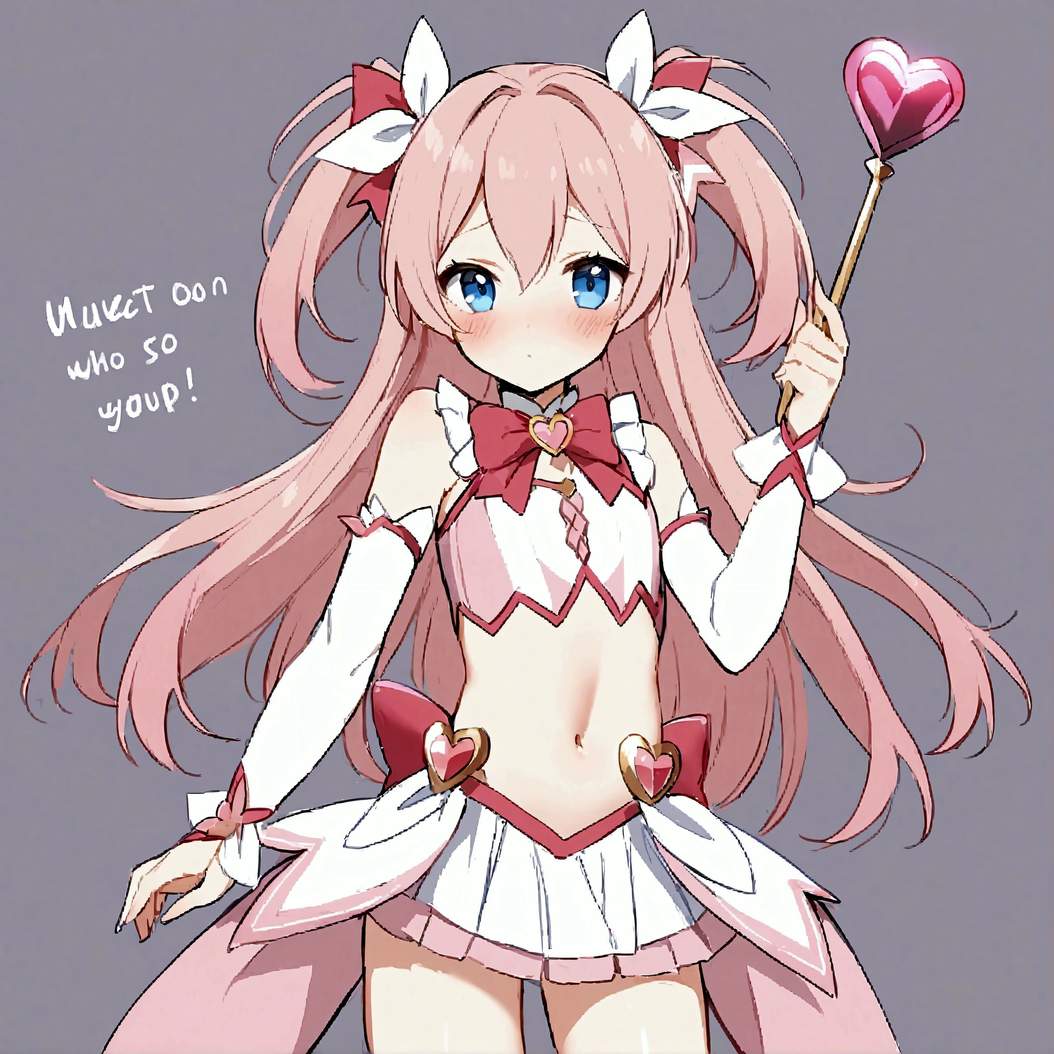 1girl, blue eyes, blush, crossdressing, detached sleeves, english text, hair ribbon, long hair, magical girl, male focus, midriff, navel, otoko no ko, pink hair, ribbon, skirt, solo, two side up, wand