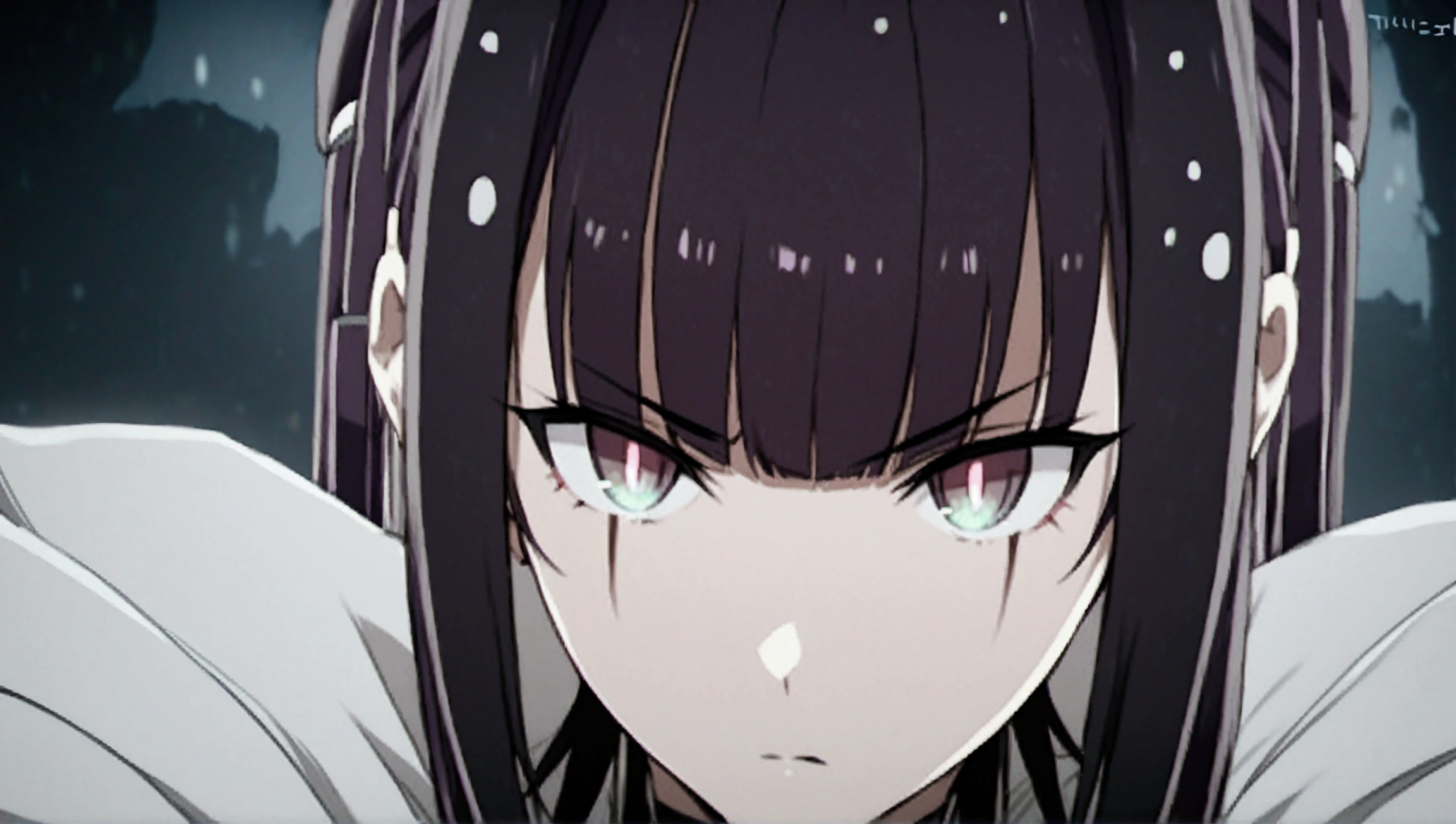 close up,serious look,red eyes glowing,labiaa,bangs on the eyes,black hair with purple details,ombre