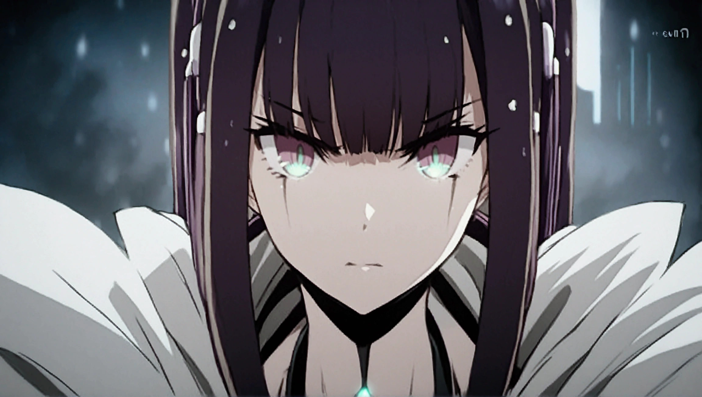 close up,serious look,red eyes glowing,labiaa,bangs on the eyes,black hair with purple details,ombre