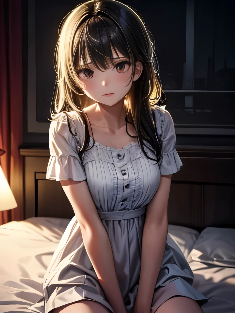 masterpiece, Highest quality, 1 girl, alone, effect, Dark Background, In the room at night、A girl in bed answers the phone with a serious expression