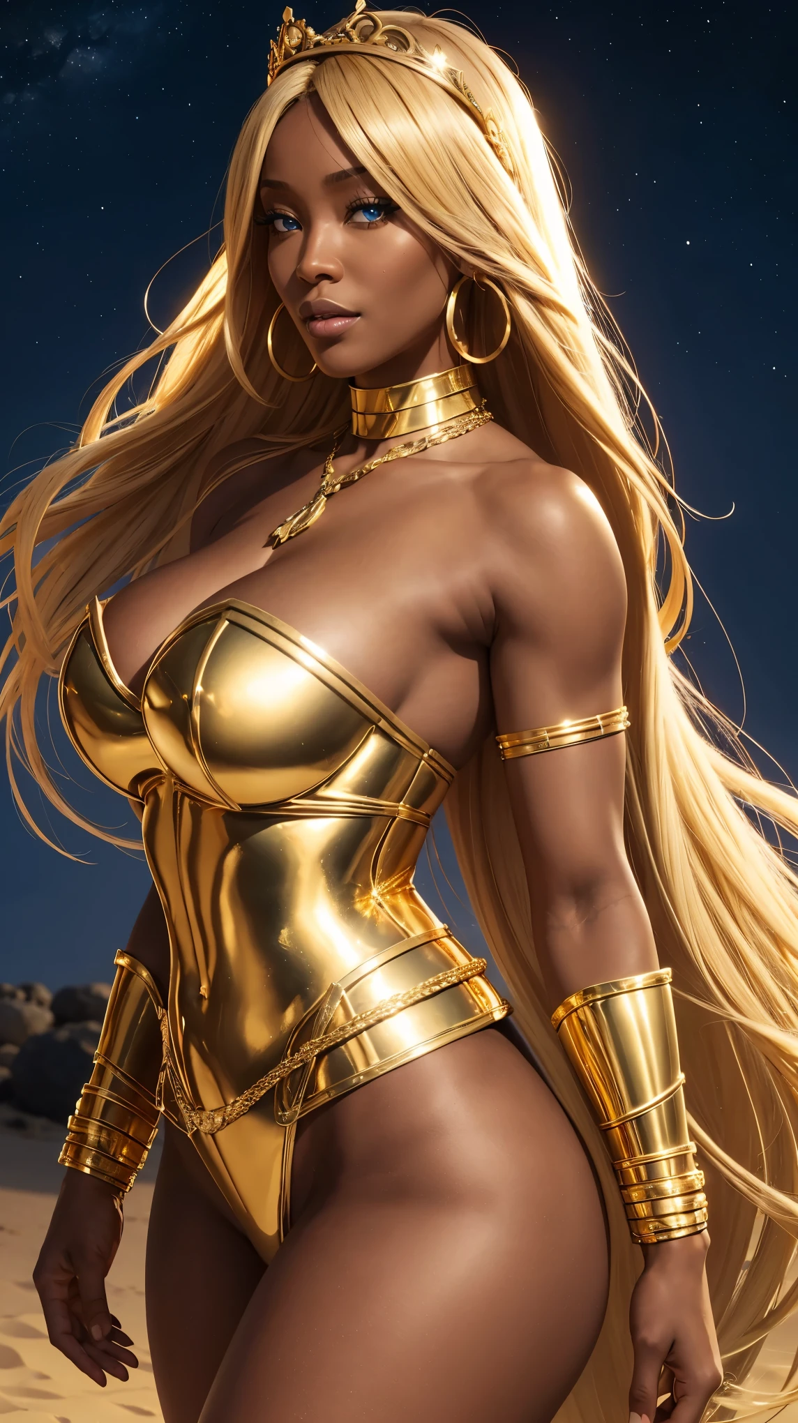 Naomi Campbell as a blonde black goddess, 29-years-old, gold strapless bodysuit, thicc thighs expostas, gold armour, superhero woman , gold armbands, Manoplas Lgold, gold choker necklace, tiara dourada, large hoop earrings, golden belt, majestic pose, blondie hair, braided hair, long hair, Curvy athletic body, muscles, shoulders, wide shoulders, thicc thighs, breastsout, Exposed glutes, Side view of the body, blue colored eyes, look to the camera, facial expression of tenderness, Romanticism, sand desert, stones, night sky, out, lightrays