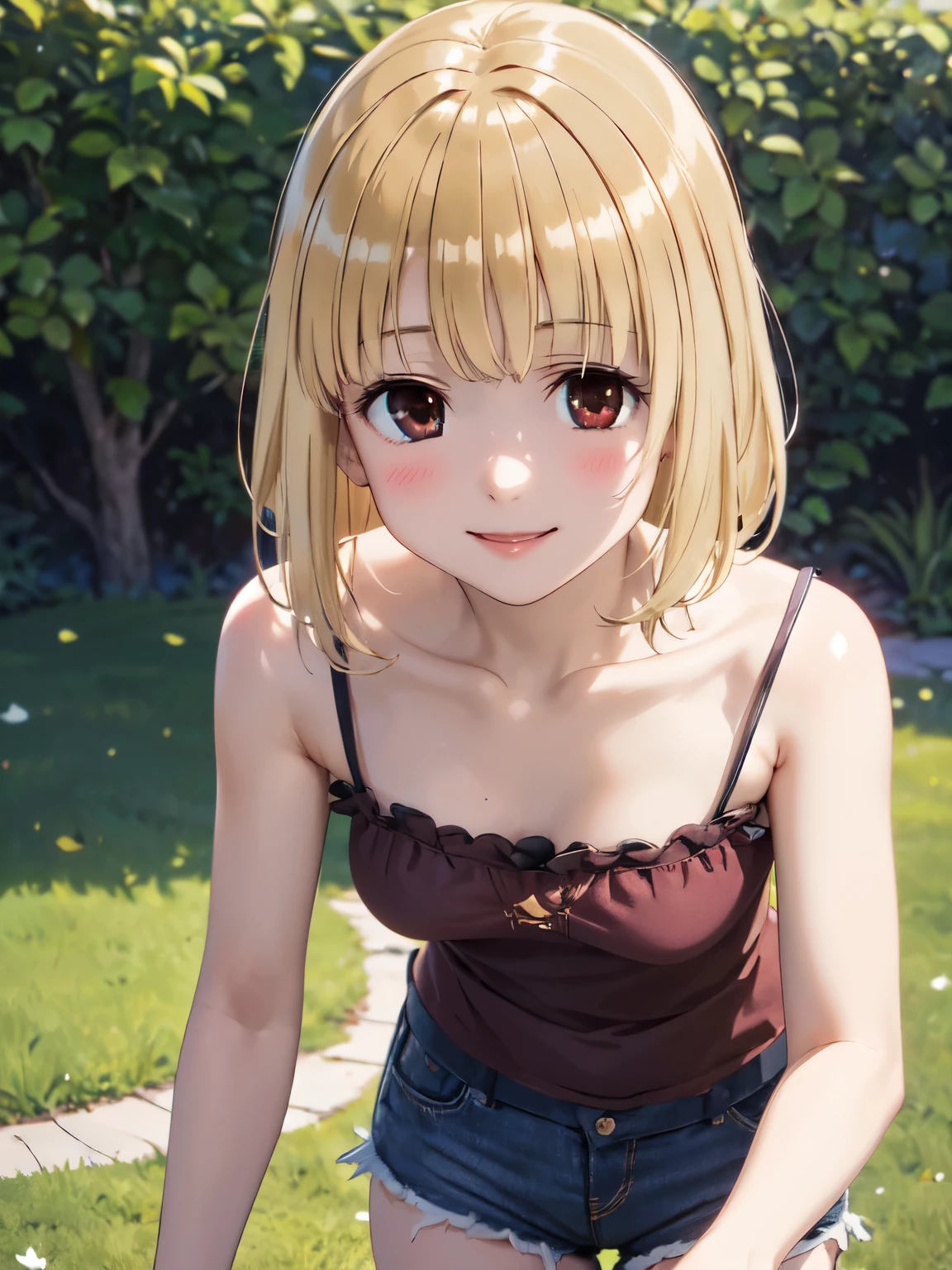 One girl, alone, Golden Hair、smile、 short hair, Very detailed, (Anime illustration style:1.2)、High resolution,garden、1 girl, smile, camisole、Shorts、blush、Brown eyes、Red eyes、Bright eyes looking at the viewer, whole body, smile、Cowboy Shot、4K,8k,Extremely detailed CG、High resolution、超High resolution, Perfect lighting, Extremely detailed CG、Physically Based Rendering(Genuine、Realisticな、Realistic)、(Anime illustration style)、Standing,Shorts、Leaning forward
