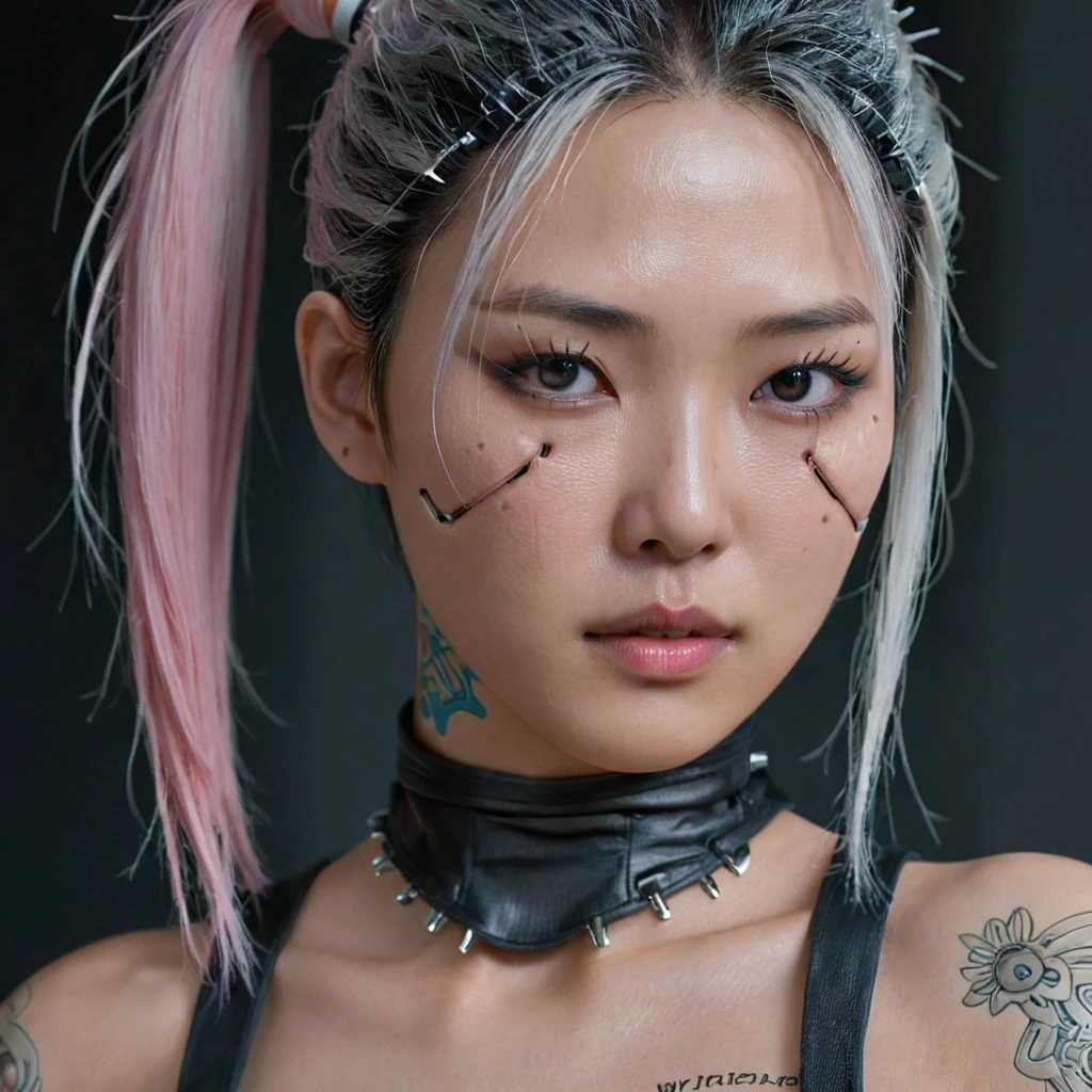 A stunning 4K photo-realistic image of a cyberpunk demi-human girl with an Asian face. Her visage is adorned with intricate machine implants, including a sleek silver visor that covers her eyes, revealing only a small slit for vision. These implants enable advanced sensory input and communication with her cybernetic systems.

Her skin is pale, with visible scars that tell a story of her past battles and a faint line where her flesh meets the cold metal of her implants. The seams are barely noticeable, indicating skilled integration between her organic and mechanical components.

Her hair is black, spiked up in an aggressive yet stylish manner. Small LED lights are integrated into the strands, flickering with various colors to match her mood. The hair is a statement piece, reflecting her rebellious spirit. The overall atmosphere of the image is captivating, photo, her body is embedded with mechanical implants under the skin, cyborg arms,  cyberware lines embedded in her face, , (Photorealsitic)、(intricate detailes:1.2)、(​masterpiece、:1.3)、beauty face, (top-quality:1.4)、(超A high resolution:1.2)、超A high resolution、(A detailed eye)、(detailed facial features), ((Realistic lighting、top-quality、8K、natural light, ​masterpiece:1.3))、bright photo, Clear focus:1.2、1girl in、flawless beauty:1.4、Superfine Face、big Narrow-eyed、double eyelid、photos realistic, perfect eyes, perfect skin, detailed skin, detailed face, looking viewer, front view, potrait, raw photo, simple soft pink background, (intricate detailed skin textured:1.4) front view, looking viewer, clear face, 1 girl、porate、Bright and very beautiful face、beautiful girl, A stunning close-up portrait showcasing the beauty of a Korean model. The composition features soft, natural lighting , bright eyes, and striking cheekbones.