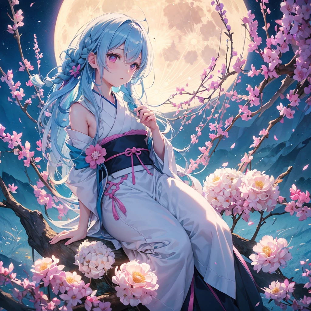 Sky blue hair, (Braided medium hair:1.2), Pink eyes,Fair skin ,(whole body),(One Girl),(White sweet dumplings ),White round dumplings,Japanese pampas grass,(beautiful, Full moon shining in the night sky),(masterpiece, Highest quality, Very detailed, Best Shadow), (Detailed Background), (Beautifully detailed face), High Contrast, (Best lighting, Very delicate and beautiful), ((Cinematic Light)), colorful, Hyper Detail,8k, Dramatic Light, Intricate details,Sit and eat dumplings while watching the moon,mysterious
