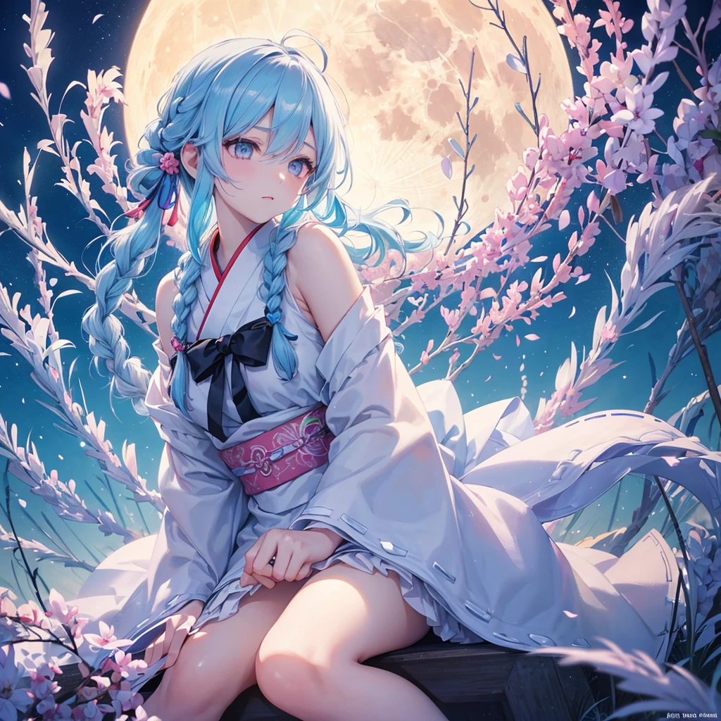 Sky blue hair, (Braided medium hair:1.2), Pink eyes,Fair skin ,(whole body),(One Girl),(White sweet dumplings ),White round dumplings,Japanese pampas grass,(beautiful, Full moon shining in the night sky),(masterpiece, Highest quality, Very detailed, Best Shadow), (Detailed Background), (Beautifully detailed face), High Contrast, (Best lighting, Very delicate and beautiful), ((Cinematic Light)), colorful, Hyper Detail,8k, Dramatic Light, Intricate details,Sit and eat dumplings while watching the moon,mysterious