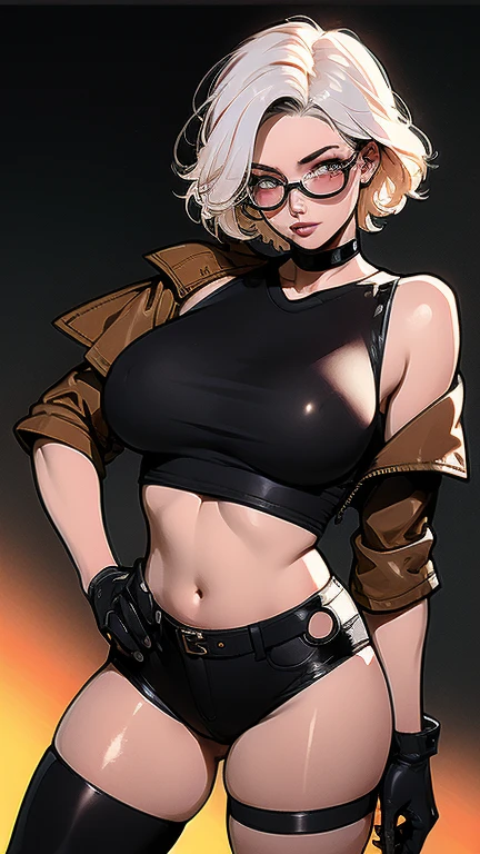 (masterpiece), best quality, expressive eyes, perfect face(masterpiece), best quality, expressive eyes, perfect face, 
a woman, 25 age,  80s style, short white hair, bronze skin, large breasts, wide hips, brown leather jacket, 
amber eyes, dark aviator glasses, neon city on background, holsters, spike chocker, black croped t-shirt,
 holster, gun holster, bondage gear, armwear, legwear, black gloves, elbow sleeves, thick thighs, harness, bottomless, half naked