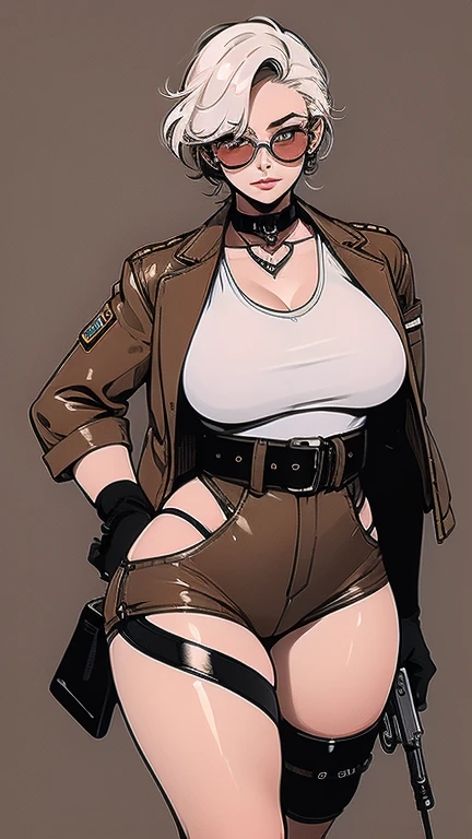 (masterpiece), best quality, expressive eyes, perfect face(masterpiece), best quality, expressive eyes, perfect face, 
a woman, 25 age,  80s style, short white hair, bronze skin, large breasts, wide hips, brown leather jacket, 
amber eyes, dark aviator glasses, neon city on background, holsters, spike chocker, holster, gun holster, bondage gear, armwear, legwear, black gloves, elbow sleeves, thick thighs,  pantyhose,
 harness, shaved pussy, pussy visible through clothes, see-through pantyhose, pussy visible through pantyhose, shirtless