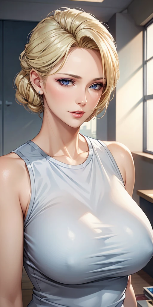 Elegant mature woman, milf, blue eyes, blonde hair, soft light, high detailed, 4k resolution, high quality, beautiful cg